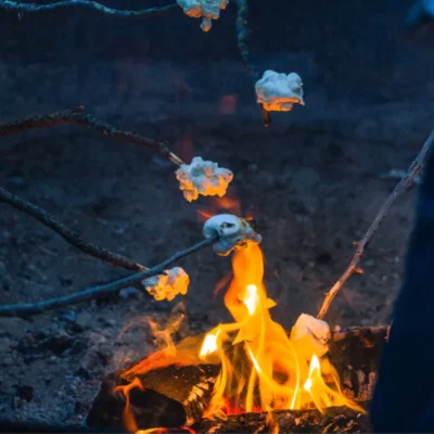 Students cook marshmallows around the campfire at night.