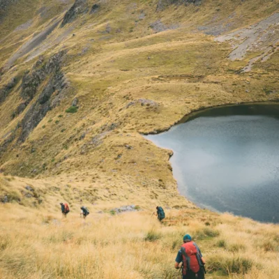 Backpacking students hike downhill past a lake in Nelson Lakes National Park on New Zealand's South Island.