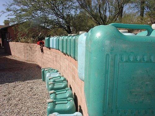 Water jugs lined up and ready to be issued