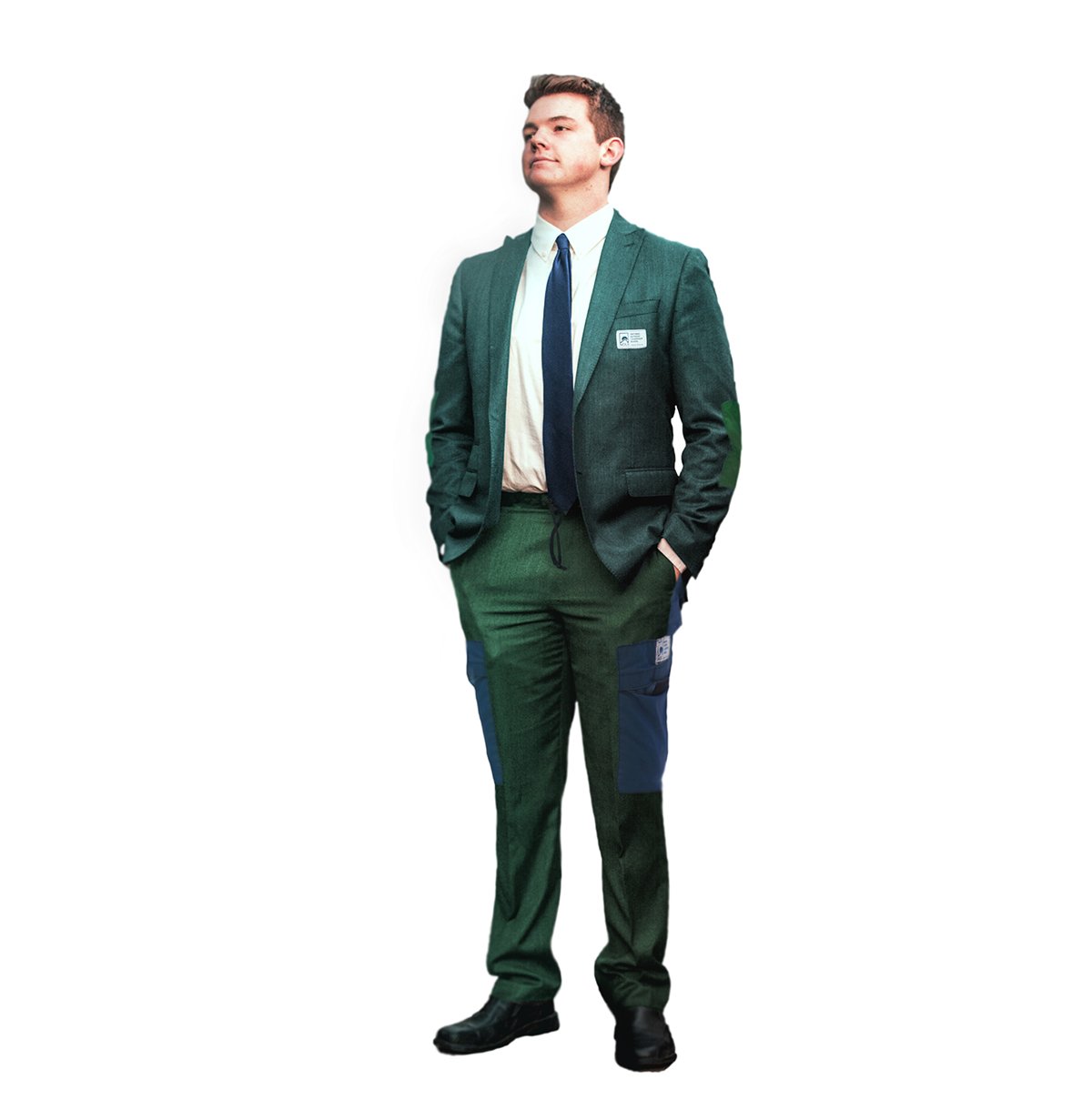 Person wearing a spoof NOLS product of a tuxedo made of classic NOLS wind pants