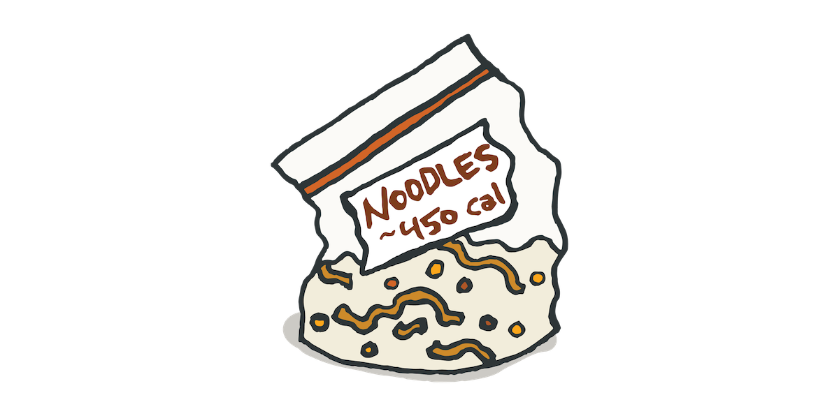 drawing of a labeled Ziploc with noodle and veggie instant meal