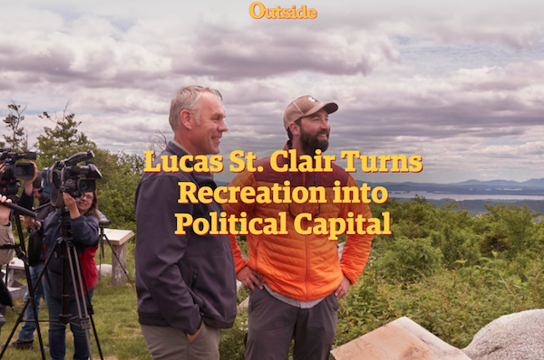 Ryan Zinke and Lucas St. Claire look out at the Maine scenery during Zinke's visit to Katahdin Woods and Waters National Monument
