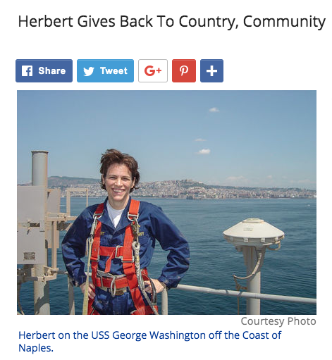 in a photo in the Transylvania Times, Gretchen Herbert smiles on board a Navy ship