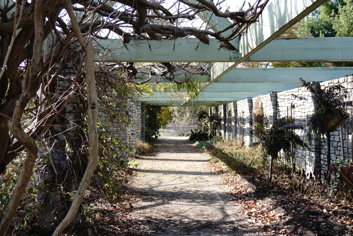 paved path lined with stonewalls and wooden frame overhead at the Kentucky State Arboretum