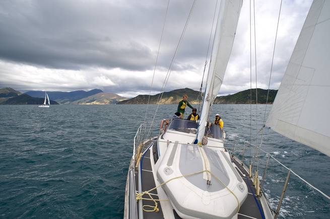 Students out sailing a 35 to 40-foot keelboat on the Marlborough Sound in New Zealand.