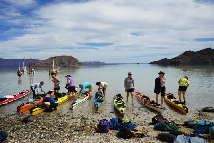 A group of women pack sea kayaks on a sandy beach. They are wearing clothes for warm weather and the sky is blue.