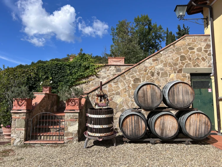 Barrels of wine stacked against a stone wall and staircase with trees and blue skies in the background.