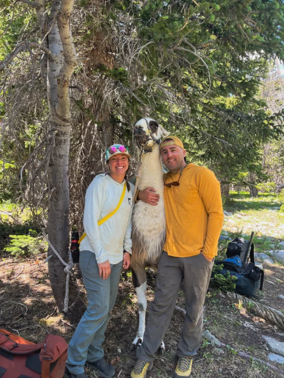 Woman and man smile and hug llama.