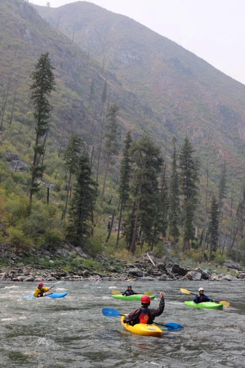 Rafters paddle down the Salmon River in duckies